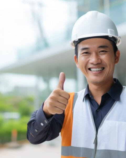 Worker in hard hat and hi-vis vest giving a thumbs up outside a modern building, representing the benefits of Construction Safety Innovations Southeast Asia.