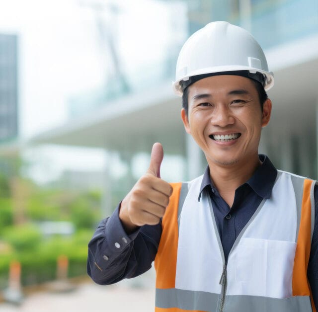 Worker in hard hat and hi-vis vest giving a thumbs up outside a modern building, representing the benefits of Construction Safety Innovations Southeast Asia.