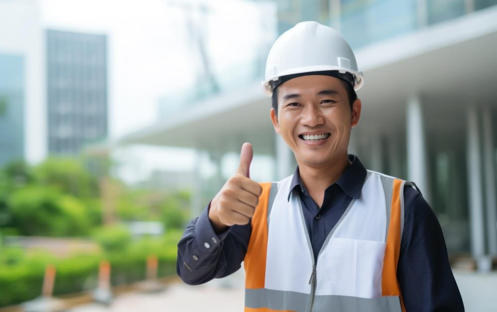 Worker in hard hat and hi-vis vest giving a thumbs up outside a modern building, representing the benefits of Construction Safety Innovations Southeast Asia.