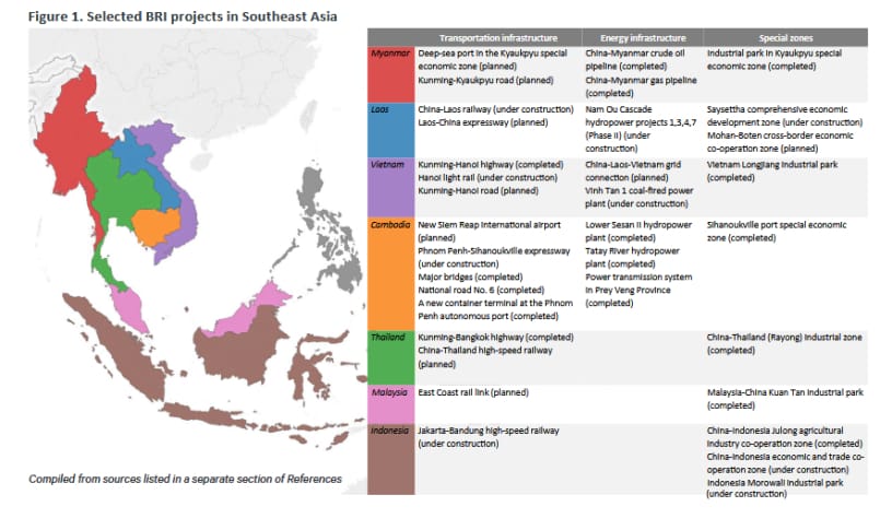 Map showing selected Belt and Road Initiative (BRI) projects in Southeast Asia with annotations, indicating Green Infrastructure Southeast Asia.