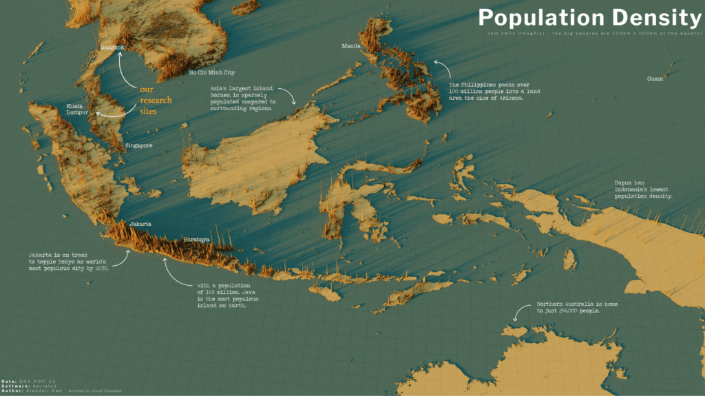 A 3D topographic map highlighting population density in Southeast Asia, showing Southeast Asia Urban Development.