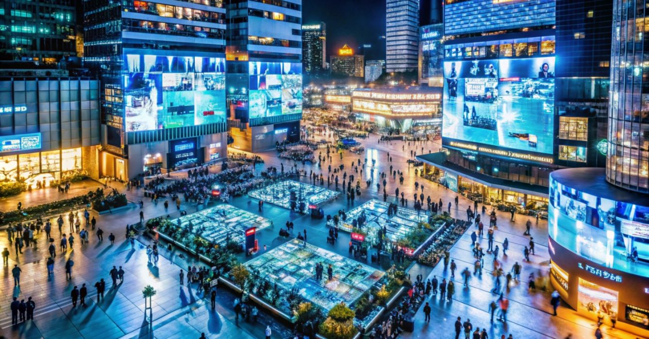 Smart City Initiatives in Southeast Asia: A bustling night scene at an urban square with bright screens and illuminated skyscrapers.