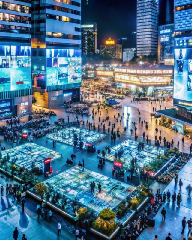 Smart City Initiatives in Southeast Asia: A bustling night scene at an urban square with bright screens and illuminated skyscrapers.